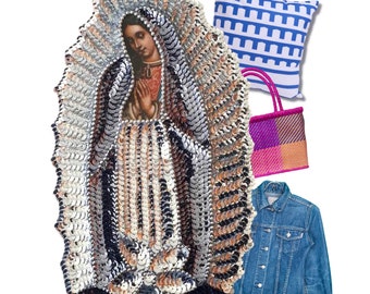 Silver Virgen de Guadalupe patch, deluxe metal our Lady Guadalupe Sequin Applique, Guadalupe virgin jacket, Virgencita patch denim jacket