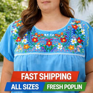 Mexican Turquoise Embroidered Blouse, Floral Boho ligth blue Peasant Top, Handmade Poplin shirt, Cinco de Mayo Outfit, Plus Size Women