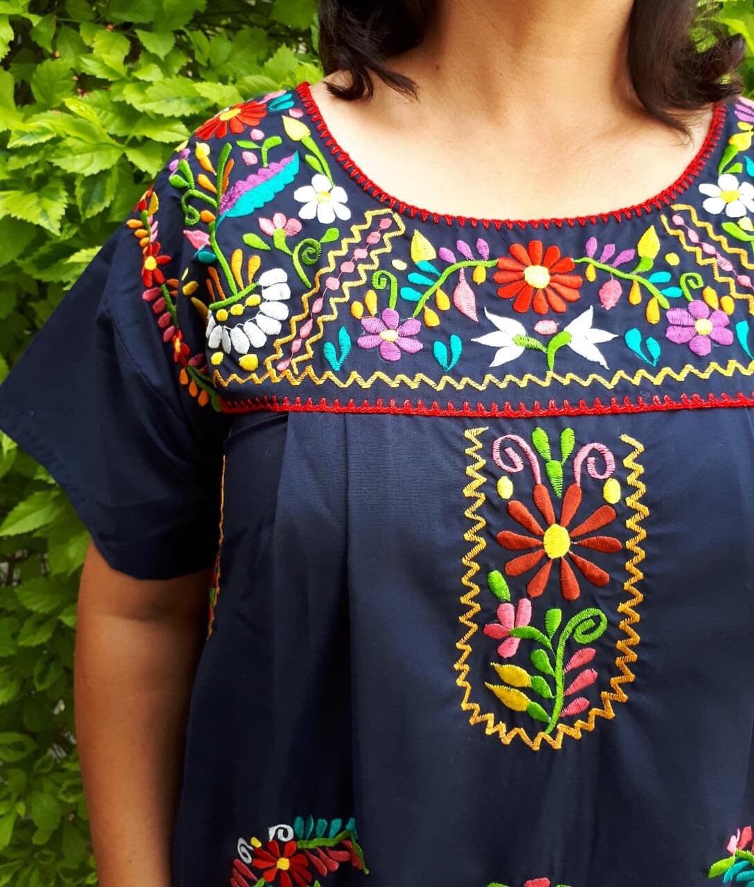 Navy blue mexican embroidery dress Mexican Embroidered Plus | Etsy
