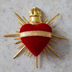 Milagro Sacred Heart, Red velvet exvoto, Catholic Religious Met Gala Fashion devotion, milagrito heart charm, Sacre Coeur, Frida Flame Heart