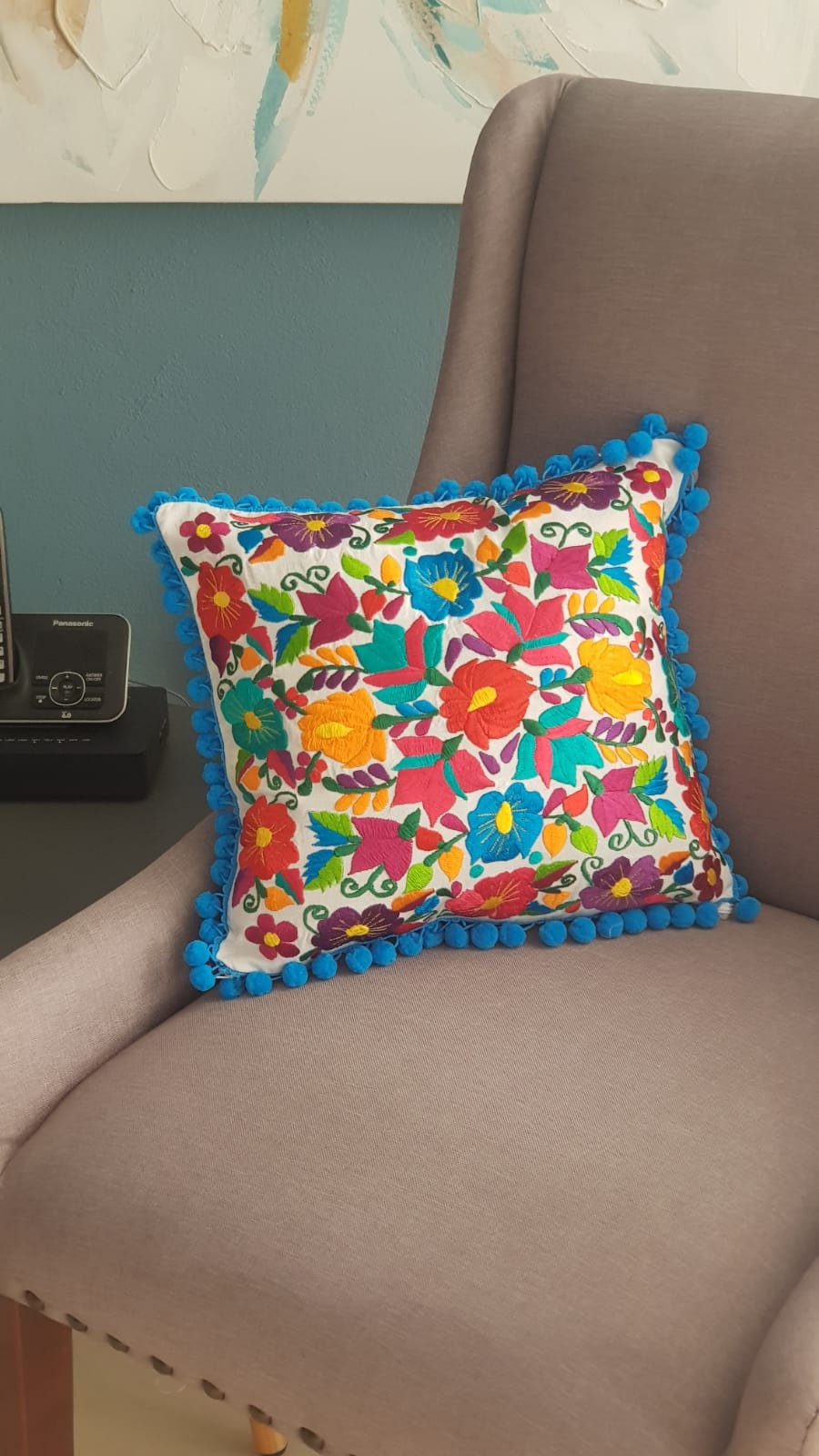 メキシコ刺繍のターコイズ色の枕カバー、メキシコのティール色の