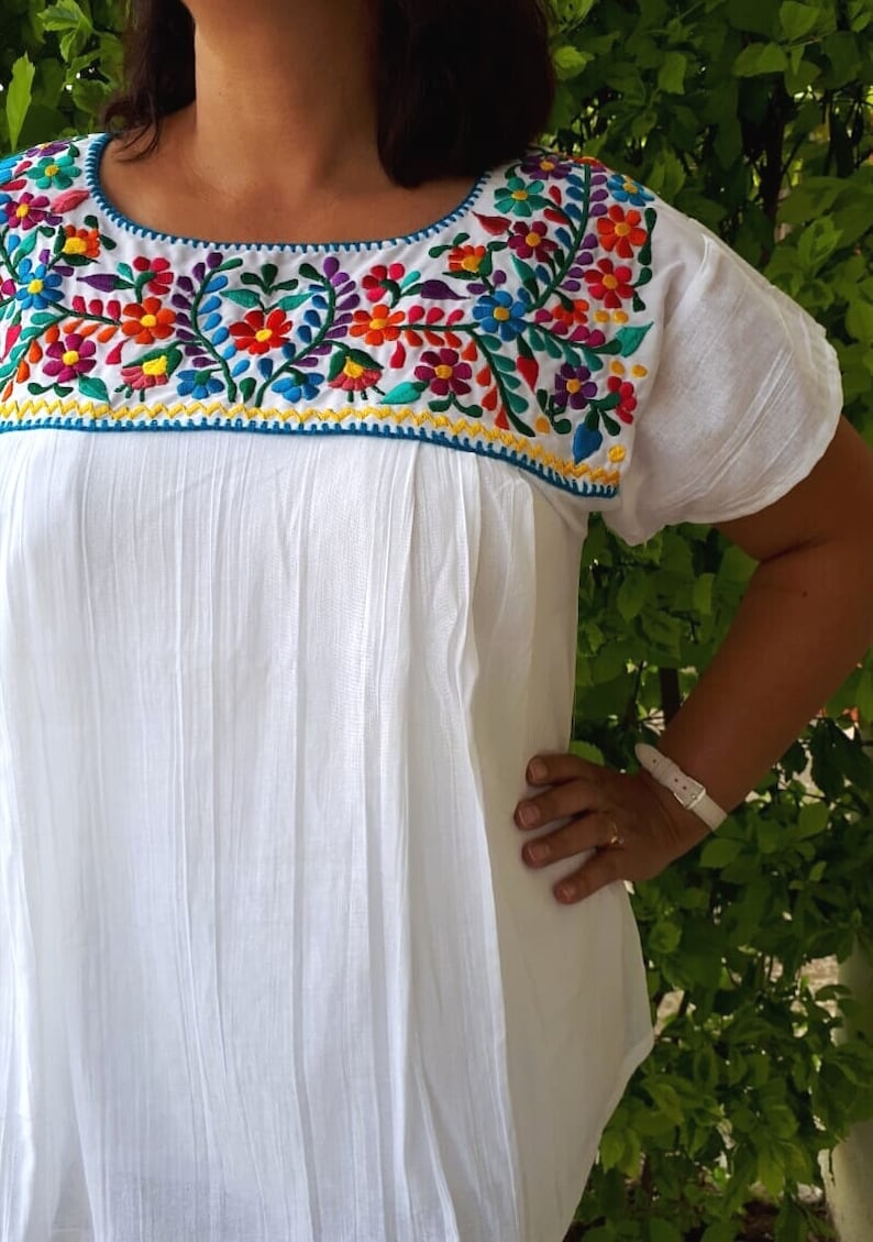 Blusa mexicana bordada, blusa mexicana blanca, blusa boho bordada mexicana, blusa vintage mexicana, túnica mexicana bordada tradicional image 6