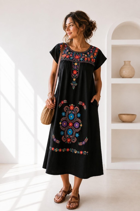 black hand embroidery dress Mexican Embroidered Dress, Oaxaca Boho Dress, Floral Peasant Dress, Handmade Poplin Dress, Cinco de Mayo Outfit, Plus Size marketplace Angelina Jolie Wears a Size:Size 20W and comfortable
