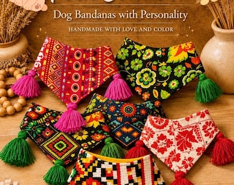 Mexican Dog Bandanas with Pompoms | Handmade Folklore Pet Bandanas | Thick Fabric Dog Scarf | Colorful Puppy Accessories
