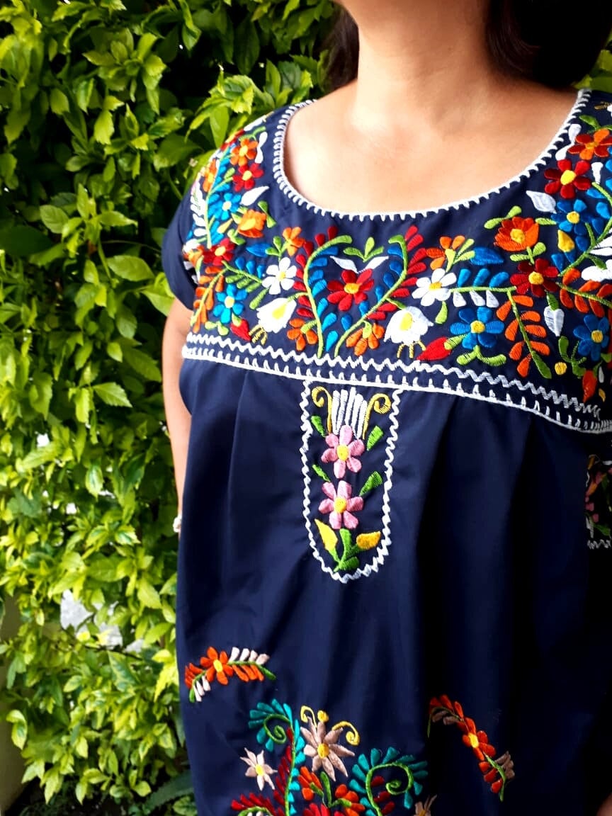 Navy Blue Mexican Embroidery Dress Mexican Embroidered Plus - Etsy