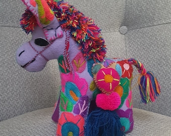 Mexican lilac ligth purple donkey Stuffed Animal, Mexico embroidered Felt Pony Burro burrito sabanero, flowered Plushie toy Embroidery wool