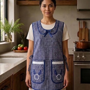 May include: A blue and white gingham apron featuring a rounded neckline with a small blue bow, two front pockets with white lace trim, and white floral embroidery on each pocket. The apron has blue piping along the edges and side ties.