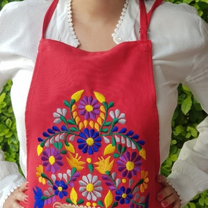Mexican red embroidered Apron, Mexican colorful floral embroidery, Mexico Cook apron Pinafore, Flowered Kitchen Smock, Mexico embroidered