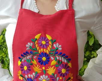 Mexican red embroidered Apron, Mexican colorful floral embroidery, Mexico Cook apron Pinafore, Flowered Kitchen Smock, Mexico embroidered