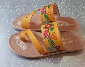 SALE Mexican Orange Sandals, Mexico Flower Embroidered
