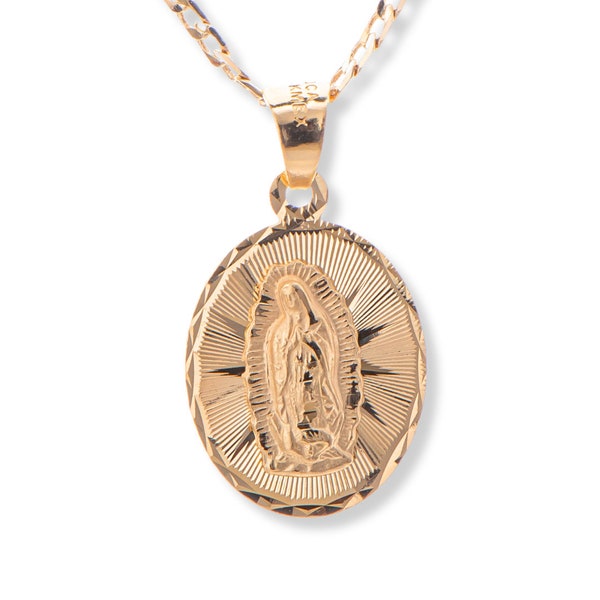 14K Gold Guadalupe oval Medal, Virgen Guadalupe Pendant Charm, Gold virgin mary medallion, Virgin oval Necklace Charm, Religious Jewelry