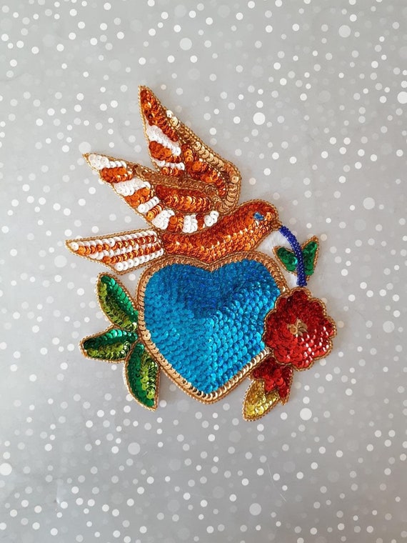 Milagro Sacred Heart Bird Sequin Patch, Mexican Milagrito Tin