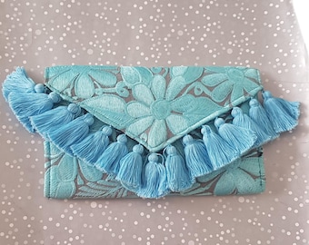 Mexican embroidered turquoise clutch, Mexico ligth blue and gray envelope purse, Embroidered aqua handbag, Floral Embroidered Clutch