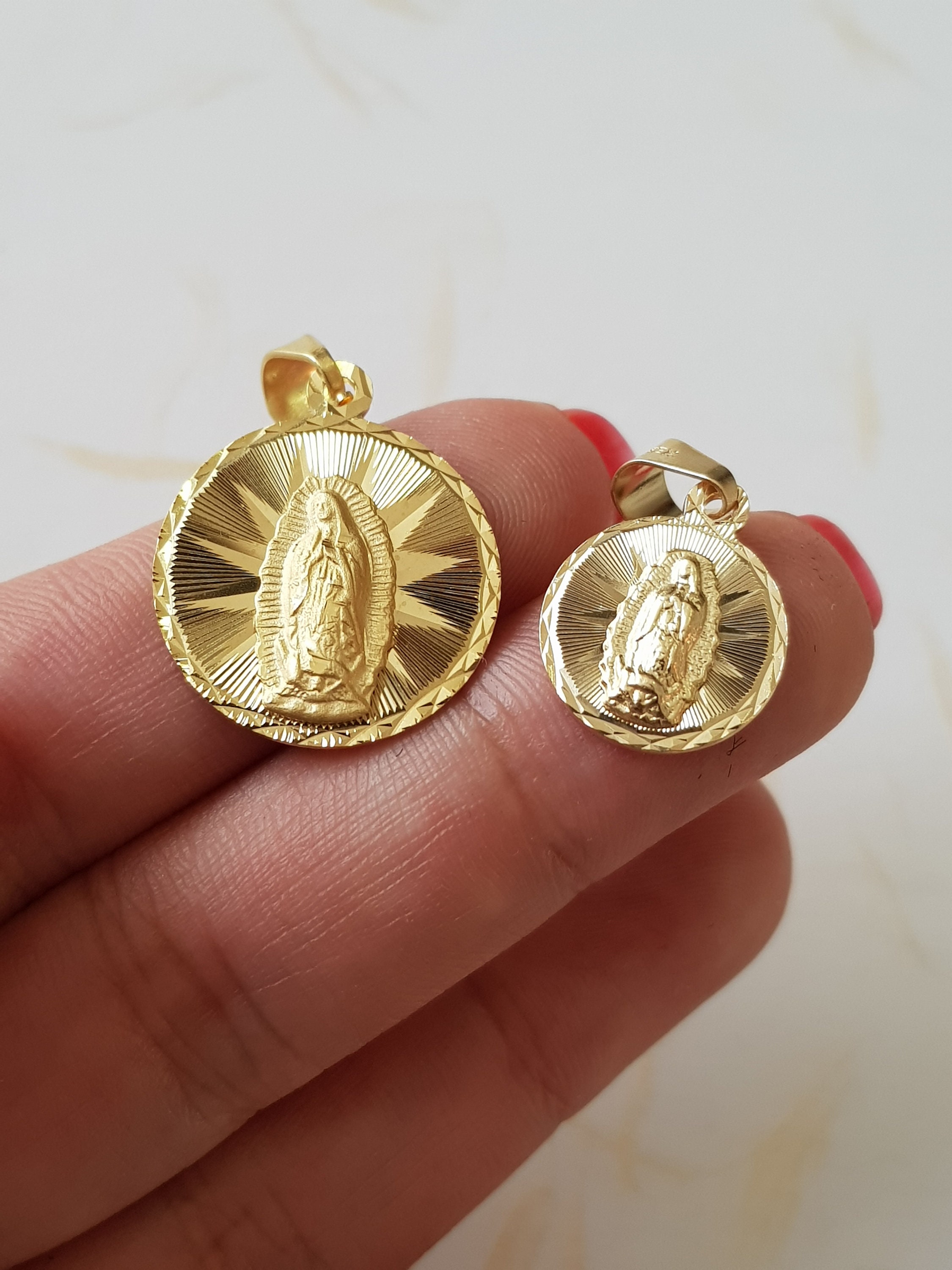 14K Gold Guadalupe Round Medal, Virgen Guadalupe Pendant Charm 