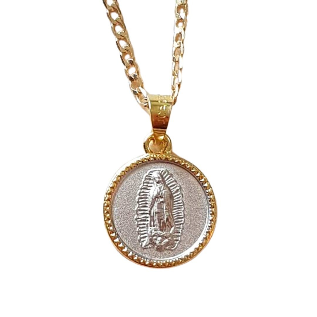 Sterling silver medal Virgen de Guadalupe Gold frame, Guadalupe virgin silver round charm with gold plated bezel, Silver gold band pendant