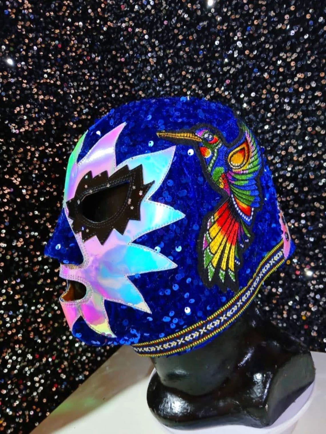 Handmade Lucha Libre Mask, Sequin Embroidered Hummingbird, Royal Blue ...