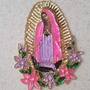 Patch sequins Vierge de Guadalupe, applique de sequins Notre-Dame de Guadalupe, robe rose Patch sequins vierges Guadalupe, embellissement mexicain