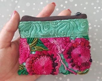 Mexican embroidered flower Wallet, Pink Coin purse Folk Fabric, Mexican rag change purse, Small mayan bag purse, Tulum vibes tiny handbag