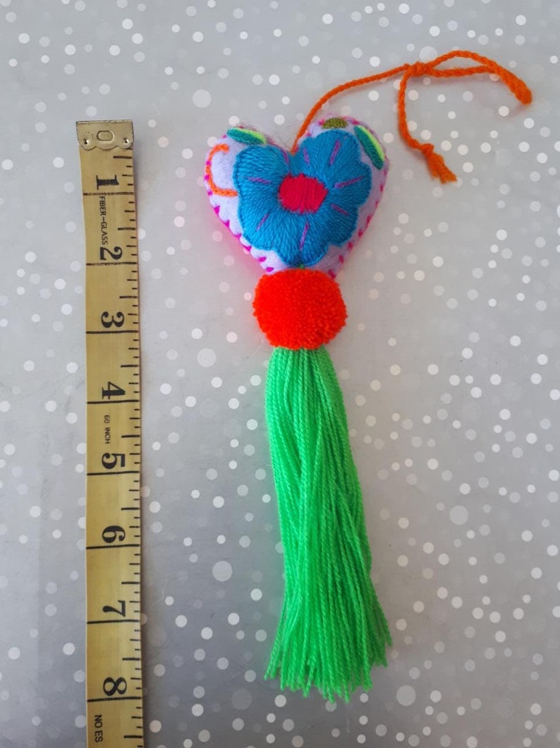 Mexican milagro Hand Embroidered heart pompom mexican wedding favor Mexican tassel heart pompom tassel charm Mexican Felt Heart charm