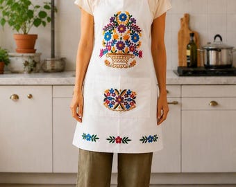 Mexican white embroidered Apron, Mexican colorful floral embroidery, Mexico Cook apron Pinafore, Flowered Kitchen Smock, Mexico embroidered