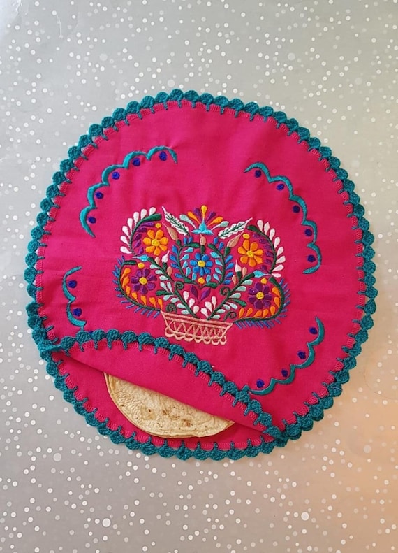 Mexican Embroidered Tortillero pink, Mexico table runner tablecloth, Corn flour Wheat Tortilla Warmers, Mexican Fiesta Party Centerpiece