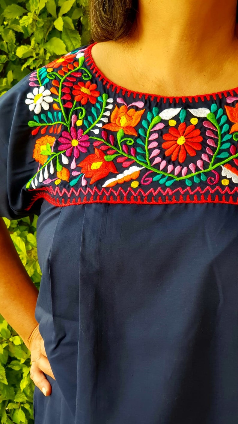 Navy Blue Mexican Blouse Mexican Embroidered Top Inclusive | Etsy