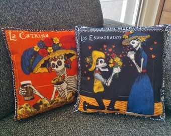 2 Cushions Day of the Dead Catrina, sugar skull pillow, Dia de muertos skull, Valentines skull,Dia de muertos decor, Mexican Sugar skull