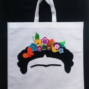 Handbag Frida flower crow purse bag, Shopping tote, Market mercado bag, Eco recyclable reusable handle bag, beach gym bag, diaper bag