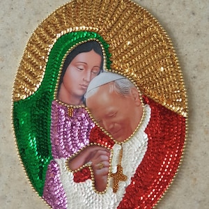 Patch à sequins Vierge Guadalupe, pape Jean-Paul II, sainte vierge marie, veste en jean Virgen Maria Juan Pablo segundo avec appliques catholiques à coudre