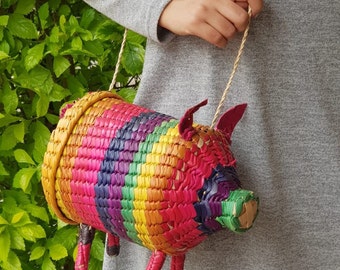 Pig rainbow bag, Pig wicker bag, Mexican straw bag, Vintage wicker bag, Knit Piggy bag, Rattan summer bag, LGBT pride bag, Love is love bag