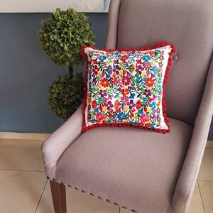 Mexico embroidery colorful pillow cover, Mexican red pompom tassel sofa cushion cover, Bed Throw Pillow, vintage flowers embroidered rainbow bild 4