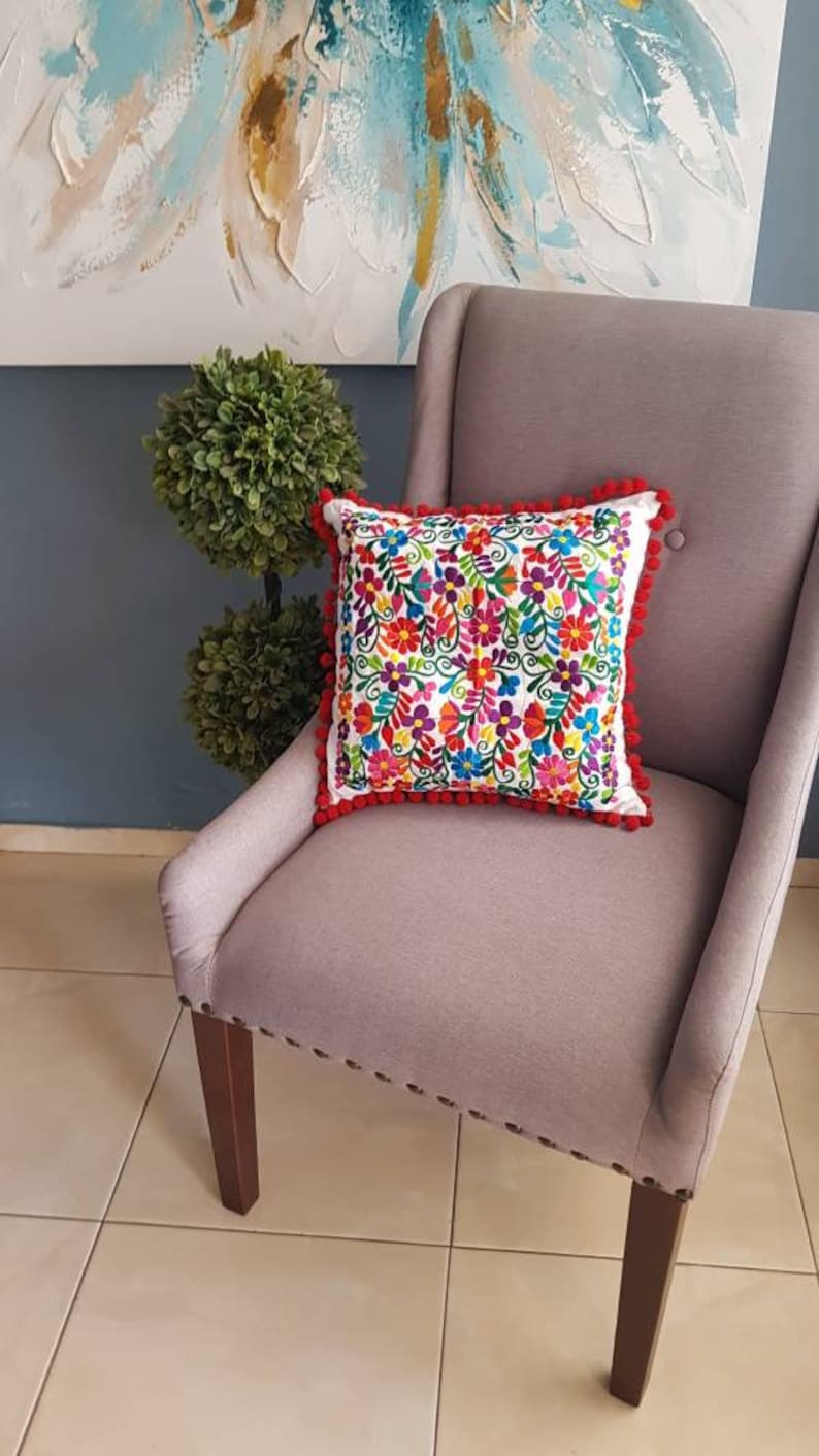 Mexico embroidery colorful pillow cover, Mexican red pompom tassel sofa cushion cover, Bed Throw Pillow, vintage flowers embroidered rainbow bild 4