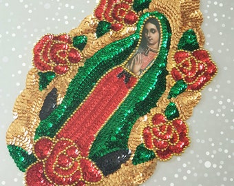 Virgen de Guadalupe Red rose patch, Lady Guadalupe red rose Sequin Applique, Guadalupe virgin sequin patch, Virgen Guadalupe sequin jacket