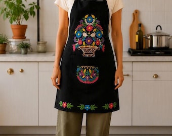 Mexican Embroidered Apron for Women, Handmade Folk Art Kitchen Apron, Traditional Mexican Floral Embroidery, Artisan Cooking Gift