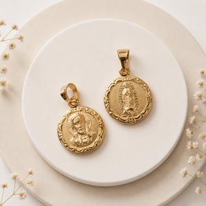 Virgen de Guadalupe 14K Gold charm silver 925 core, Double view Reversible Jesus Sacred Heart and Virgin medal, Christ Scapular necklace
