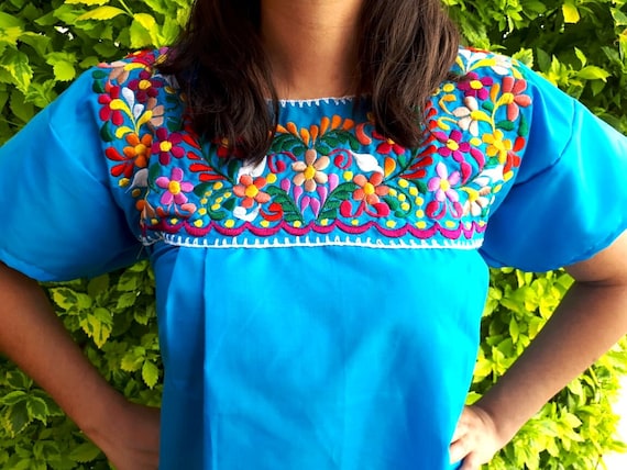 Mexican Sky Blue Blouse All Sizes Mexican Shirt Plus Size | Etsy