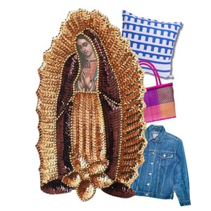 Golden Virgen de Guadalupe patch, deluxe copper our Lady Guadalupe Sequin Applique, Guadalupe virgin brown, Virgencita patch denim jacket