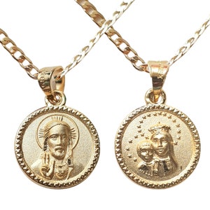 Our Lady of Mount Carmel 14K Gold Charm, Scapular necklace, Double view medal Reversible, Jesus Christ Sacred Heart, pendant Virgin Carmel