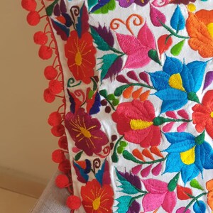 Mexico embroidery colorful pillow cover, Mexican red pompom tassel sofa cushion cover, Bed Throw Pillow, vintage flowers embroidered rainbow bild 6