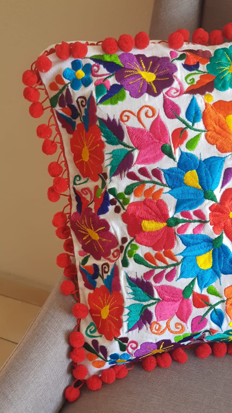 Mexico embroidery colorful pillow cover, Mexican red pompom tassel sofa cushion cover, Bed Throw Pillow, vintage flowers embroidered rainbow bild 6