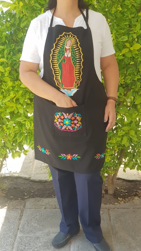 【PAPER GARDEN】[Black Label] Florist One-Piece Apron Virgen Guadalupe Embroidered Apron, Black Apron, Colorful