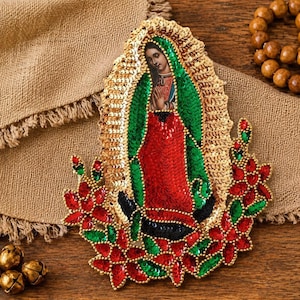 Virgen de Guadalupe patch, Our Lady Guadalupe red flower Sequin Applique, Guadalupe virgin sequin patch, Virgen de Guadalupe sequin jacket