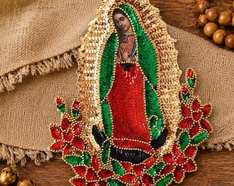 Virgen de Guadalupe patch, Our Lady Guadalupe red flower Sequin Applique, Guadalupe virgin sequin patch, Virgen de Guadalupe sequin jacket