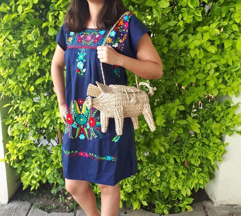 Mexican woven palm bag, Pig wicker bag, Mexico beach Rattan straw bag, Mexican straw bag, Vintage wicker bag, Knit Piggy bag, Rattan summer 