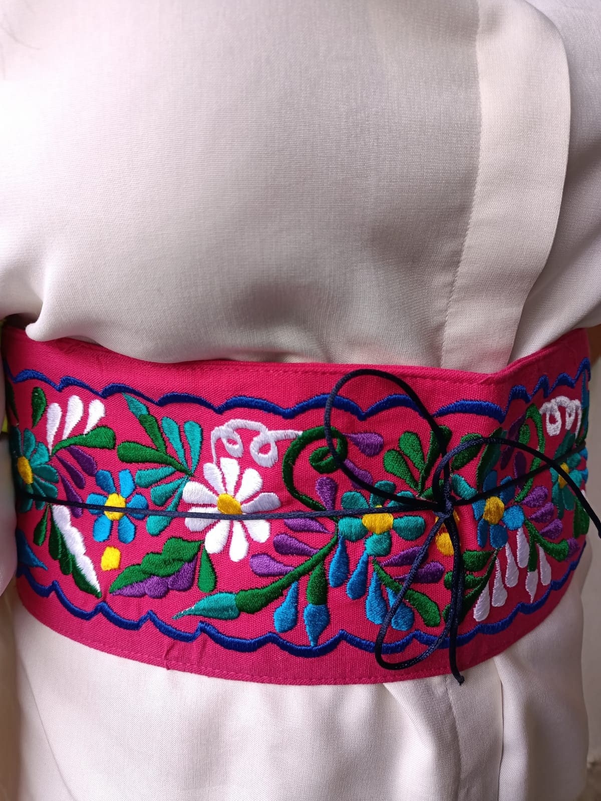 Embroidery Mexican Pink Sash, Waist Colorful Flower Belt