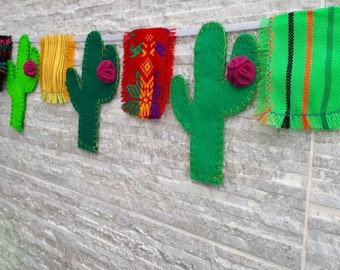 Felt cactus banner, felted cactus, Felt nopales, Mexican Rebozo fabric serape, succulent felt, Mexico felt cacti plant, Cactus nursery decor