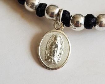 Virgen de Guadalupe silver beaded bracelet, Medal 925 sterling silver Virgencita Pendant, Our Lady Guadalupe silver charm black woven cuff