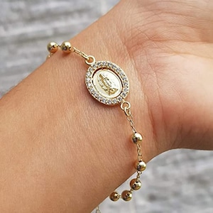 Virgen Guadalupe 14k gold rosary bracelet, Guadalupe virgin crystal rhinestone cuff, zircon dennary, Decennary, Guadalupe medal bead chain