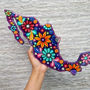 Mapa de México pintado a mano, mapa mexicano morado, letrero de madera para el hogar de México, alebrije, letrero de orgullo marrón, orgullo mexicano, arte de pared para inauguración de la casa mexicana