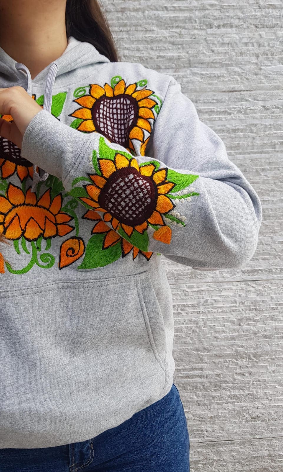 Mexican Gray Hoodie Sweatshirt, Embroidered Sunflower